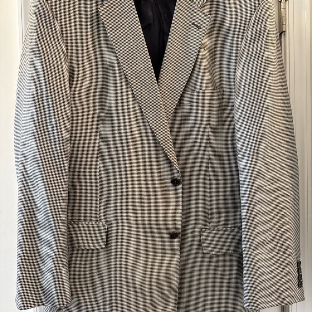 Jos A Bank, Signature Black & White Houndstooth Suit Jacket 48L Wool Silk Lined